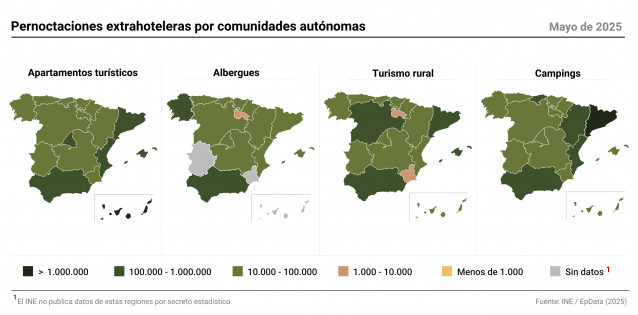 Mapas con pernoctaciones en alojamientos extrahoteleros por comunidades autónomas