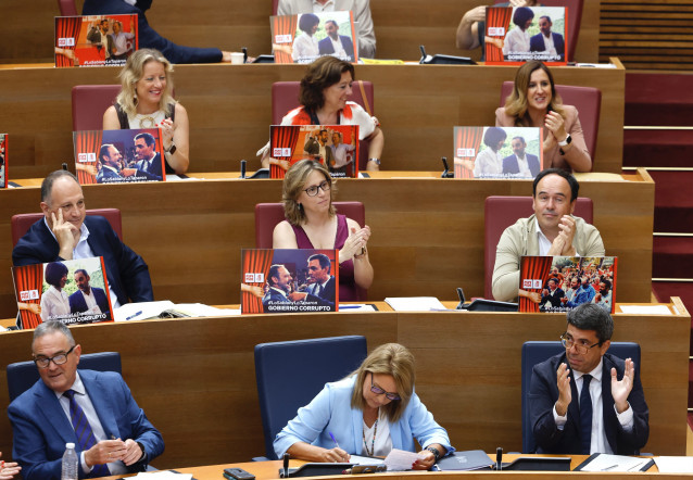 Diputados del PP exhiben carteles contra el Gobierno en Les Corts