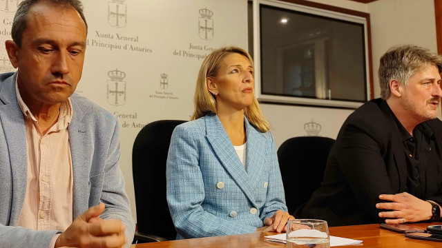 La vicepresidenta segunda y ministra de Trabajo, Yolanda Díaz, en rueda de prensa en Oviedo con el consejero de Ordenación de Territorio asturiano, Ovidio Zapico, y el diputado de IU-Convocatoria por Asturies Xabel Vegas.