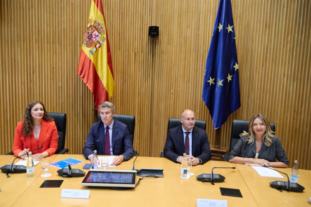 (I-D) La portavoz del PP en el Congreso, Ester Muñoz; el presidente del PP, Alberto Núñez Feijóo; el secretario general del PP, Miguel Tellado, y la portavoz del PP en el Senado, Alicia García  durante la reunión plenaria de los grupos parlamentarios del