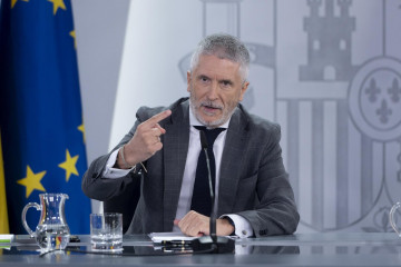 El ministro de Interior, Fernando Grande-Marlaska, durante una rueda de prensa posterior a la reunión del Consejo de Ministros, en el Palacio de La Moncloa, a 8 de julio de 2025, en Madrid (España).