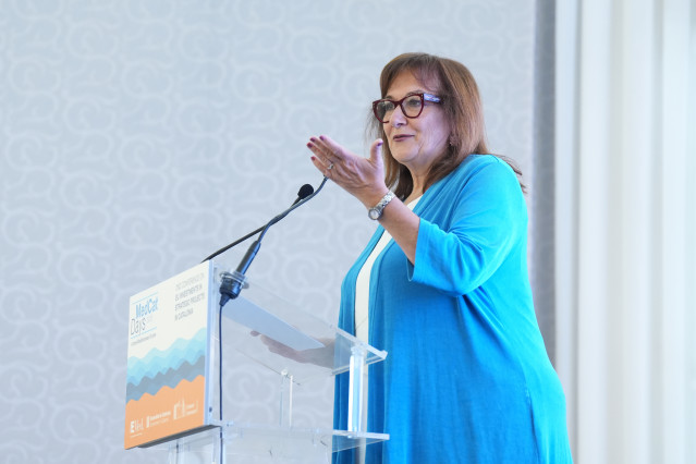 La comisaria europea para el Mediterráneo, Dubravka Suica, durante un acto en los MedCat Days en el Palau de Pedralbes de Barcelona, que conmemoran el 30 aniversario del Proceso de Barcelona.