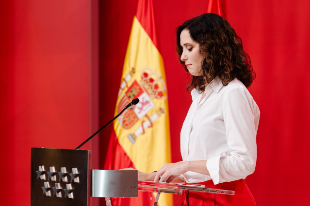 La presidenta de la Comunidad de Madrid, Isabel Díaz Ayuso, comparece en la Real Casa de Correos para denunciar la ruptura de la caja común, a 14 de julio de 2025, en Madrid (España).