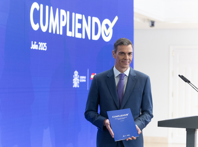 El presidente del Gobierno, Pedro Sánchez, comparece ante los medios de comunicación para hacer balance del curso político, a 28 de julio de 2025, en Madrid (España).