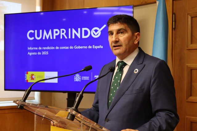 El delegado del Gobierno en Galicia, Pedro Blanco, en la presentación de los datos del informe de rendición de cuentas, a 1 de agosto de 2025.