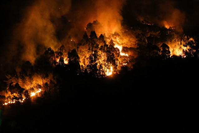 Llamas del fuego de Quiroga, a 20 de agosto de 2025, en Bendollo, Quiroga, Lugo