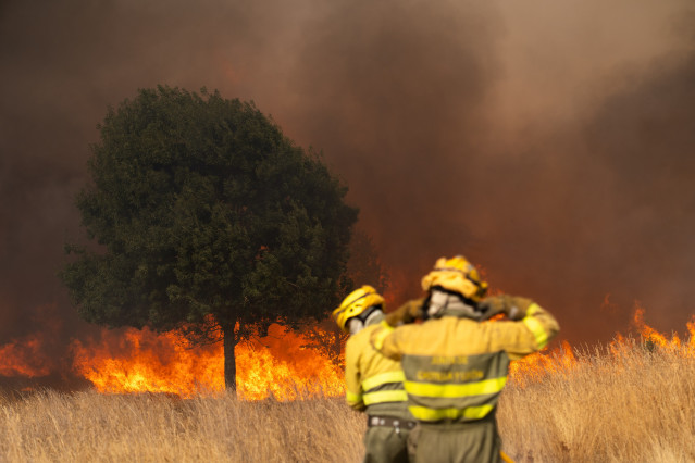 Bomberos trabajan para extinguir el incendio en Molezuelas de la Carballeda, Zamora (España). L