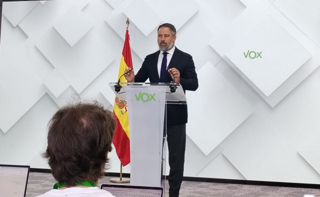 El presidente de Vox, Santiago Abascal, en la rueda de prensa