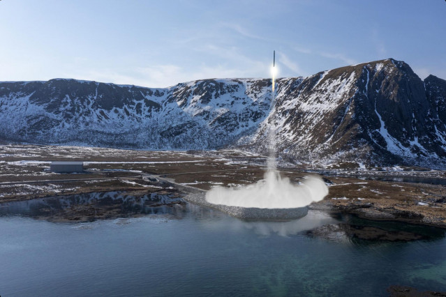 Ilustración de un lanzamiento desde el puerto espacial de Andoya Space en la isla noruega de Andoya
