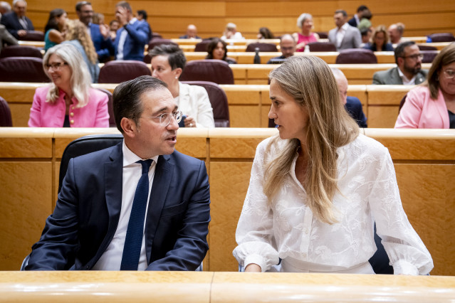 El ministro de Asuntos Exteriores, Unión Europea y Cooperación, José Manuel Albares y la vicepresidenta tercera y ministra para la Transición Ecológica y Reto Demográfico, Sara Aagesen, durante una sesión de control al Gobierno, en el Senado.