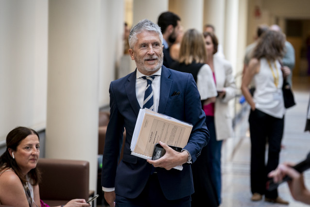 El ministro de Interior, Fernando Grande-Marlaska, a su llegada a una sesión de control al Gobierno, en el Senado