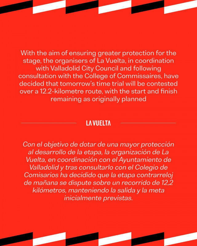 La Vuelta reduce a 12,2 kilómetros el recorrido de la etapa contrarreloj de Valladolid