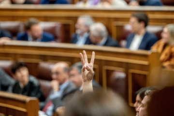 Archivo - Una persona indica la votación a realizar por su partido durante una sesión plenaria
