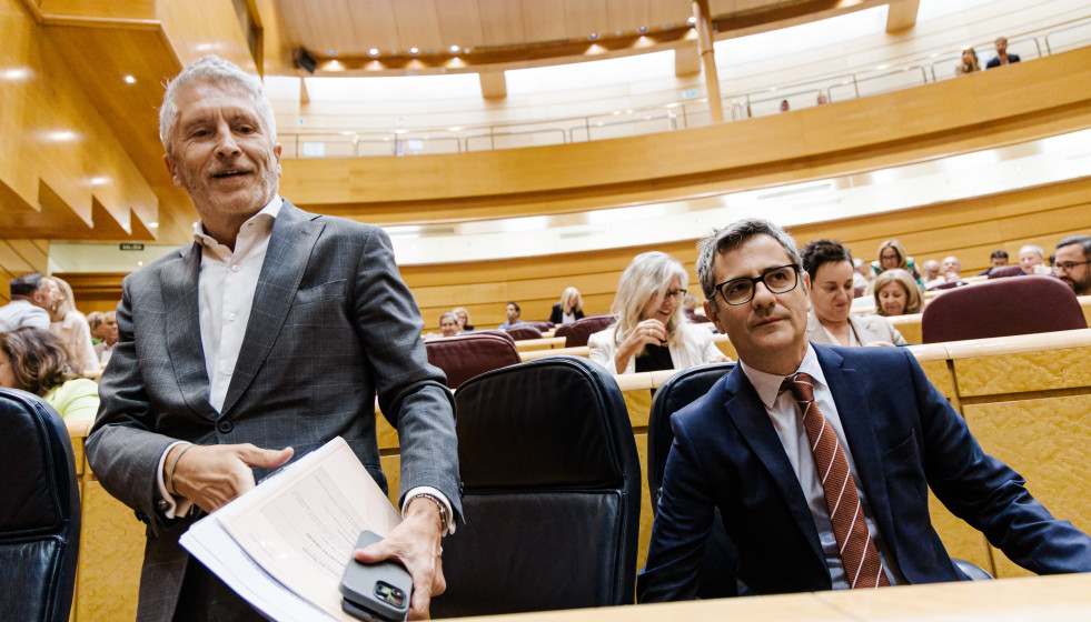 El ministro del Interior, Fernando Grande Marlaska (i) y el ministro de la Presidencia, Justicia y Relaciones con las Cortes, Félix Bolaños (d), durante una sesión de control al Gobierno en el Sena