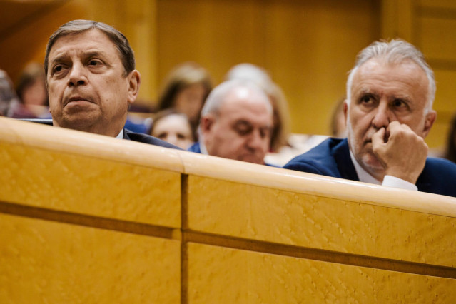El ministro de Agricultura, Luis Planas (i) y el ministro de Política Territorial y Memoria Democrática, Ángel Víctor Torres (d), durante una sesión de control al Gobierno en el Senado,