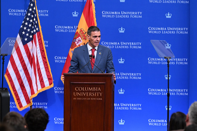 El presidente del Gobierno, Pedro Sánchez, pronuncia un discurso en la Universidad de Columbia, con motivo del Foro de Líderes Mundiales, a 22 de septiembre de 2025, en Nueva York (Estados Unidos).