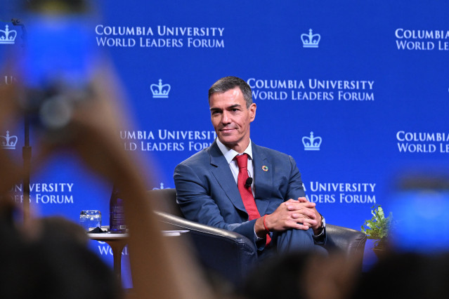 El presidente del Gobierno, Pedro Sánchez, pronuncia un discurso en la Universidad de Columbia