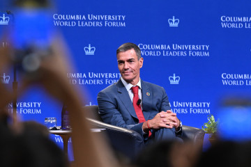 El presidente del Gobierno, Pedro Sánchez, pronuncia un discurso en la Universidad de Columbia