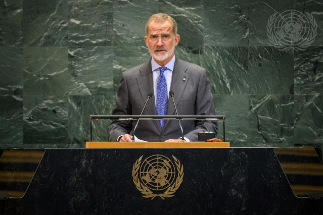 El Rey Felipe VI interviene ante la Asamblea General de la ONU en Nueva York, a 22 de septiembre de 2025
