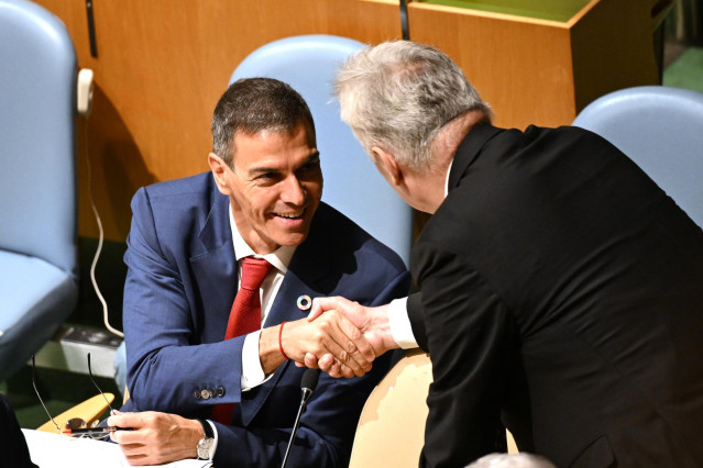 El presidente del Gobierno, Pedro Sánchez, durante la sesión de apertura del Debate General del 80º período de sesiones de la Asamblea General de Naciones Unidas, a 23 de septiembre de 2025, en Nueva York (Estados Unidos).