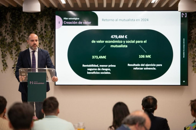 El director general de Mutualidad, Fernando Ariza, durante la presentación del plan estratégico de la entidad para el periodo 2025-2028, a 1 de octubre de 2025 en ñla sede del Grupo Mutualidad en Madrid (España).