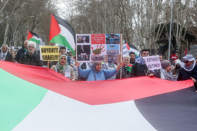 Archivo - Decenas de personas protestan durante la manifestación contra el genocidio en Palestina, a 25 de febrero de 2024, en Madrid (España).