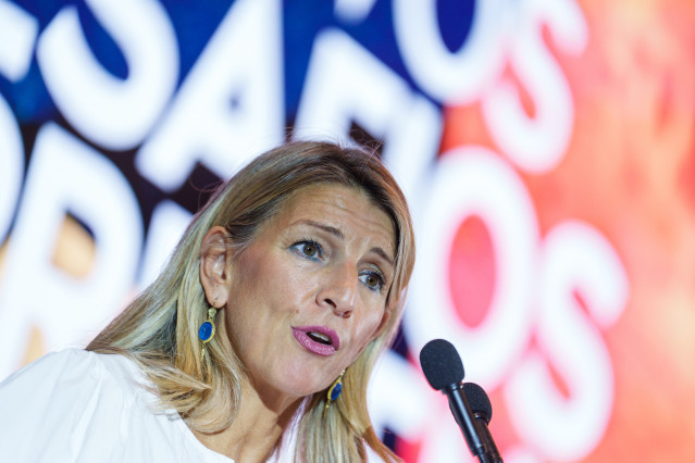 La vicepresidenta segunda Yolanda Díaz, interviene en la inauguración de una jornada sobre prevención de riesgos laborales, en la sede de UGT, a 18 de septiembre de 2025, en Madrid (España).