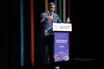 El presidente del Gobierno, Pedro Sánchez, durante su interfvebción en la X Cumbre Global de la Alianza de Gobierno Abierto