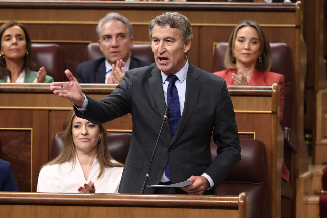 El presidente del Partido Popular, Alberto Núñez Feijóo, interviene durante una sesión de Control al Gobierno, en el Congreso de los Diputados, a 7 de octubre de 2025, en Madrid (España)