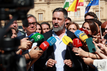 Santiago Abascal atiende a los medios frente al Parlamento de Andalucía. A 10 de octubre de 2025, en Sevilla (Andalucía, España). El presidente de Vox, Santiago Abascal, atiende a los medios en la 