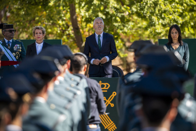 El ministro del Interior, Fernando Grande-Marlaska, junto a la secretaria de Estado de Seguridad, Aina Calvo, y la directora general de la Guardia Civil, Mercedes González, durante el acto central de la Patrona de la Guardia Civil
