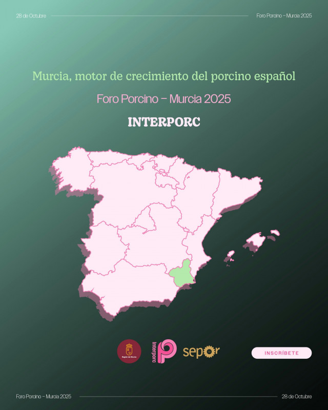 Cartel del Foro Porcino Murcia 2025, organizado por la Interprofesional Agroalimentaria del Porcino de Capa Blanca (INTERPORC)