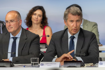 Archivo - El presidente del PP, Alberto Núñez Fiejóo, acompañado por el secretario general del PP, Miguel Tellado, preside la reunión de la Junta Nacional del Partido Popular, a 15 de septiembre 