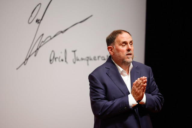 El presidente de ERC, Oriol Junqueras, interviene durante la conferencia 'Una nueva ambición nacional', en el Auditori Nacional,  a 30 de septiembre de 2025, en Barcelona, Catalunya (España)