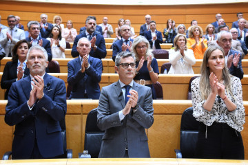 (I-D) El ministro del Interior, Fernando Grande-Marlaska; el ministro de Presidencia, Justicia y Relaciones con las Cortes, Félix Bolaños y la vicepresidenta del Gobierno y ministra para la Transici