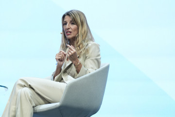 La vicepresidenta segunda y ministra de Trabajo y Economía Social, Yolanda Díaz, durante la segunda edición del foro 'World in Progress', en el Palau de Congressos de Catalunya, 20 de octubre de 20