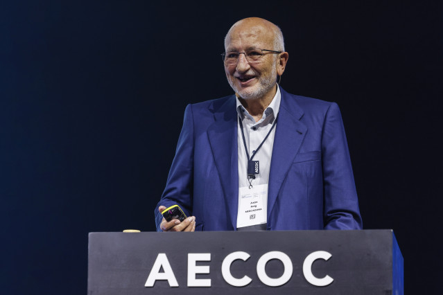 El presidente de Mercadona, Juan Roig, durante el congreso de la asociación de fabricantes y distribuidores AECOC, en el Roig Arena, a 22 de octubre de 2025, en Valencia