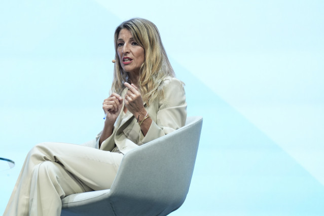 La vicepresidenta segunda y ministra de Trabajo y Economía Social, Yolanda Díaz, durante la segunda edición del foro 'World in Progress', en el Palau de Congressos de Catalunya, 20 de octubre de 2025, en Barcelona, Catalunya (España).