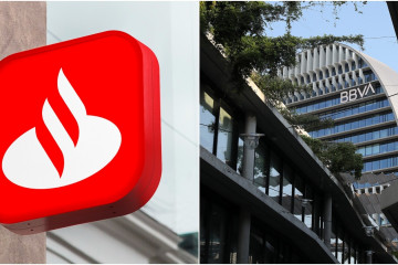 Archivo - Logos de Santander y BBVA