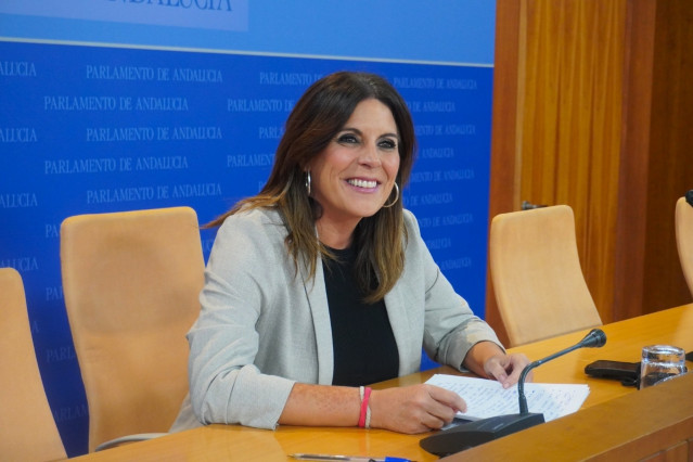 La portavoz adjunta del PSOE andaluz, Ángeles Ferriz, en una rueda de prensa en el Parlamento de Andalucía.