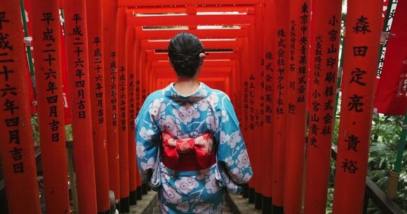 Woman, Japanese and temple or back for traditional culture for respect Tokyo travel, spirituality or history. Female person, kimono and walking staircase at shinto building, worship peace or explore