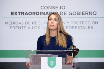 Archivo - La presidenta de la Junta de Extremadura, María Guardiola, en la rueda de prensa posterior al Consejo de Gobierno extraordinario de Hervás para aprobar medidas frente a los incendios.