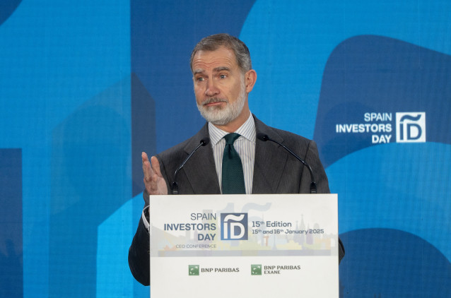 Archivo - El Rey Felipe VI interviene durante la XV Edición del Spain Investors Day (SID), en el Hotel Mandarín Oriental Ritz, a 15 de enero de 2025, en Madrid (España).
