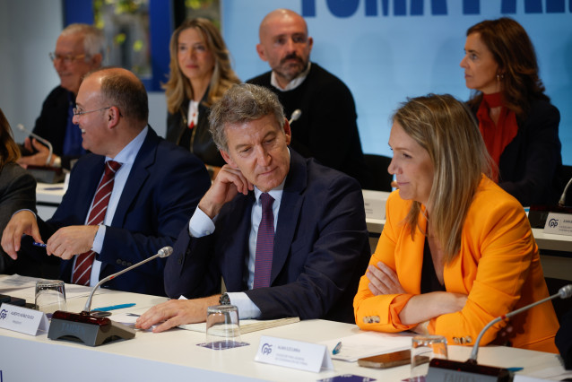 (I-D) El secretario general del PP, Miguel Tellado; el presidente del Partido Popular, Alberto Núñez Feijóo, y la  vicesecretaria de Coordinación Sectorial del PP, Alma Ezcurra, durante el Comité Ejecutivo Nacional del partido, en la sede nacional del PP,