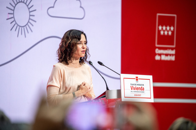 La presidenta de la Comunidad de Madrid, Isabel Díaz Ayuso, durante la presentación del Plan de Vivienda de la Comunidad de Madrid, en la Real Casa de Correos, a 5 de noviembre de 2025