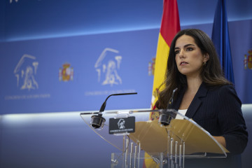 La portavoz del grupo parlamentario de Vox, Pepa Millán, ofrece una rueda de prensa en el Congreso.