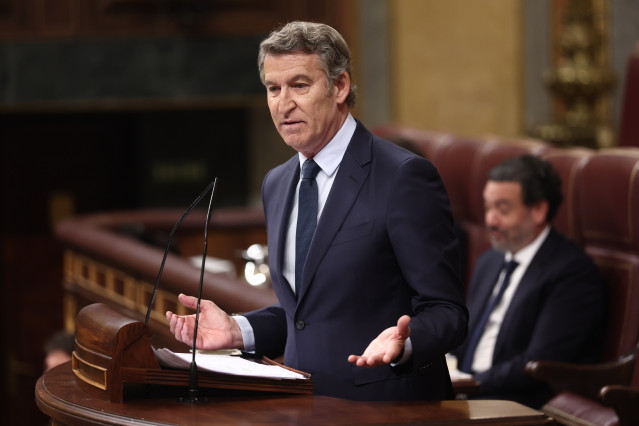 El presidente del Partido Popular, Alberto Núñez Feijóo, interviene durante una sesión de control al Gobierno, en el Congreso de los Diputados, a 12 de noviembre de 2025, en Madrid (España).