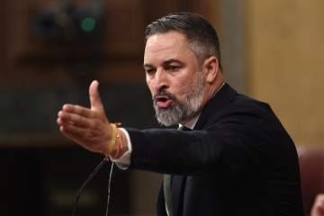 El presidente de Vox, Santiago Abascal, durante una sesión de control al Gobierno, en el Congreso de los Diputados, a 12 de noviembre de 2025, en Madrid (España).
