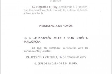 Casa Real renueva la credencial de la Presidencia de Honor de Fundació Pilar i Joan Miró Mallorca que ejerce Felipe VI