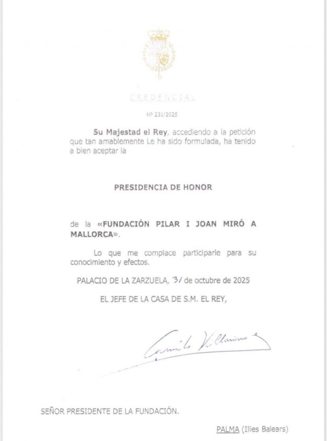 Casa Real renueva la credencial de la Presidencia de Honor de Fundació Pilar i Joan Miró Mallorca que ejerce Felipe VI